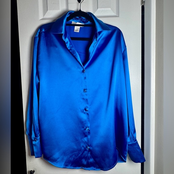 Caroline Constas Tops - Caroline Constas Royal Blue Satin Button-Down Blouse | US S